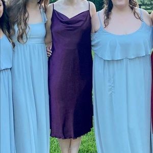 purple satin slip midi dress